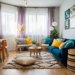 A cozy room with a mix of DIY furniture, colorful throw pillows, and creative wall art. Natural light streams in through sheer curtains, highlighting the stylish yet budget-friendly decor