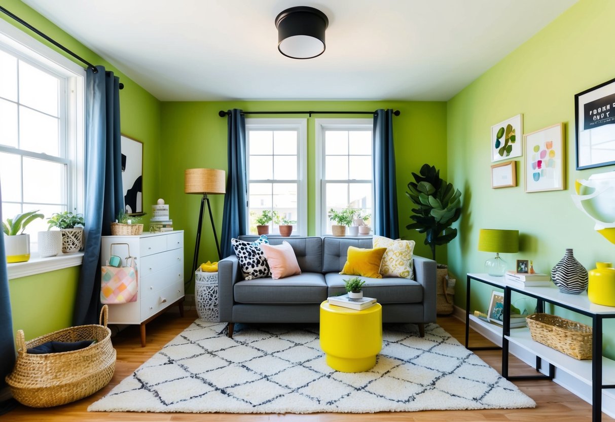 A small, cluttered room is being transformed with fresh paint, stylish decor, and budget-friendly hacks. The space feels bright and inviting with pops of color and trendy accessories