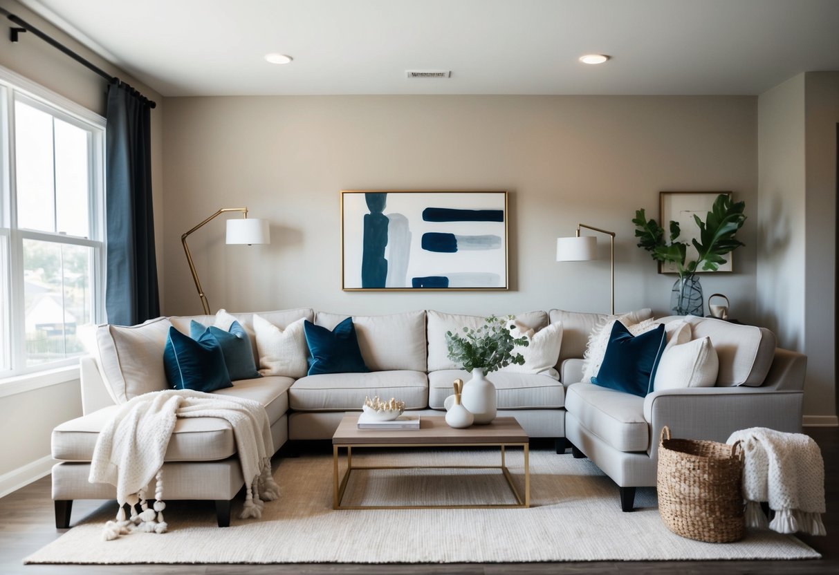 A cozy living room with a neutral color palette, adorned with carefully selected accent pieces such as throw pillows, vases, and artwork, creating a chic and budget-friendly aesthetic