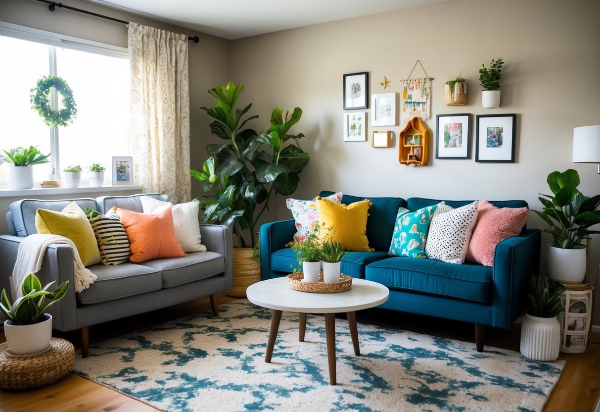 A cozy living room with a mix of thrifted and DIY decor, including colorful throw pillows, potted plants, and a handmade gallery wall