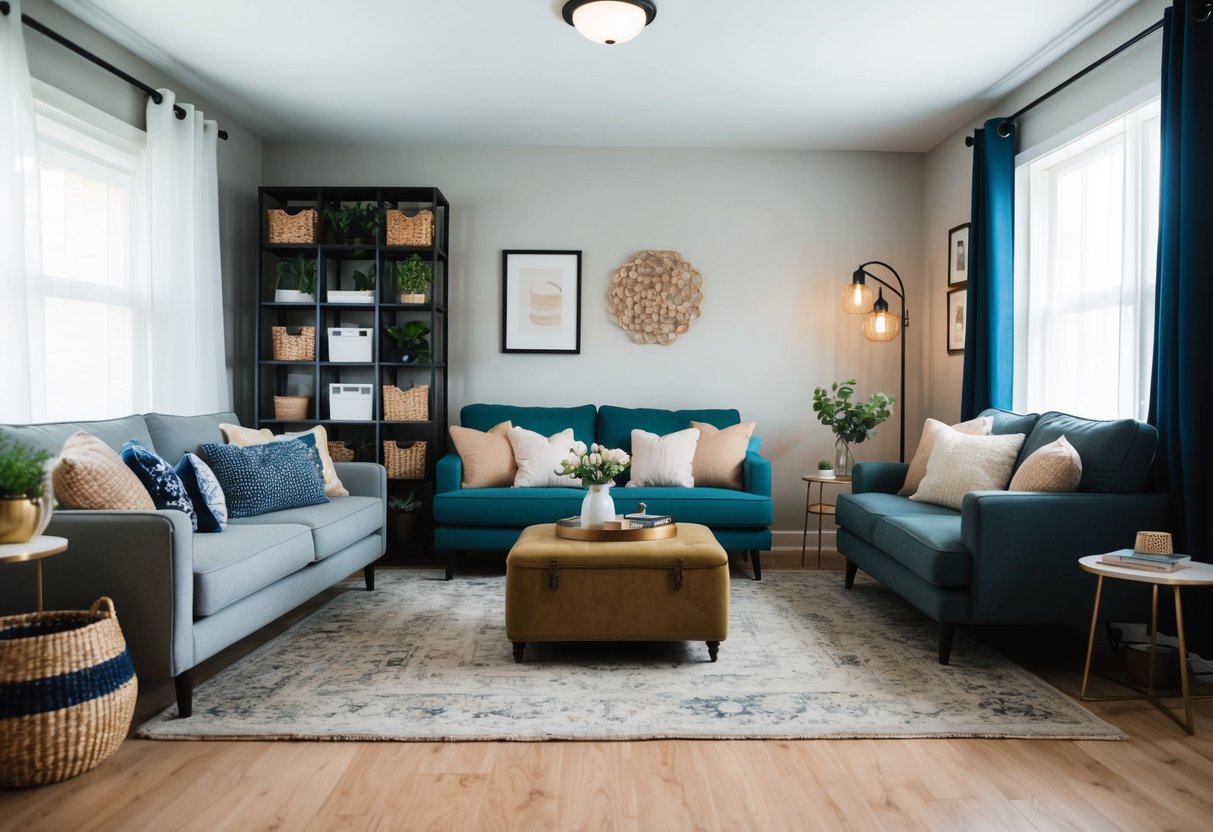 A cozy living room with stylish, space-saving furniture and decorative storage solutions. A mix of modern and vintage decor adds budget-friendly chic to the space