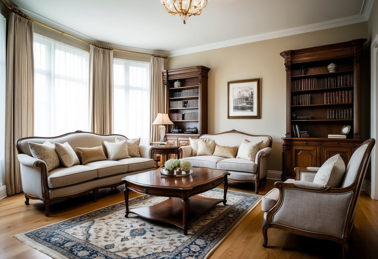A cozy living room with a classic sofa, elegant coffee table, and a beautifully crafted wooden bookshelf, showcasing the importance of quality craftsmanship and classic style in furniture