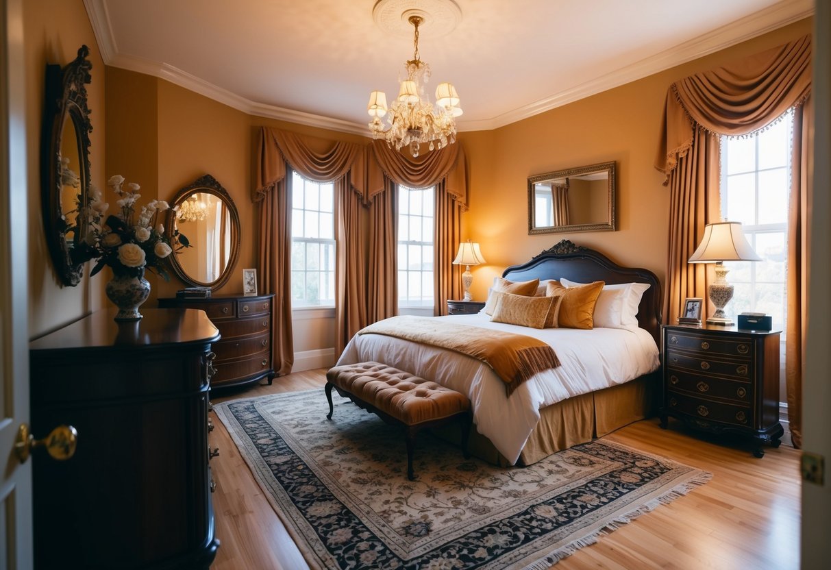 A cozy bedroom with a classic style revamp featuring a stately bed, elegant dresser, and ornate mirror. Rich, warm colors and luxurious fabrics complete the look