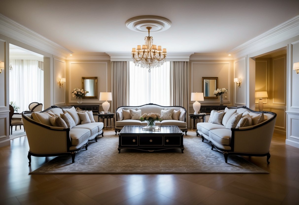 A spacious, well-lit living room with luxurious, high-quality furniture arranged in a timeless classic style, creating an elegant and sophisticated atmosphere