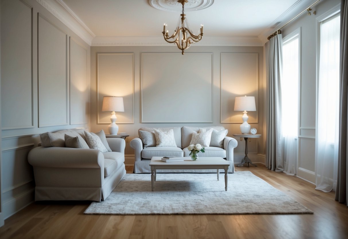 A cozy living room with a neutral color scheme, featuring elegant and timeless classic style furnishings such as a comfortable sofa, a coffee table, and a soft rug
