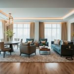 A spacious room with versatile furniture arrangements, natural lighting, and functional decor
