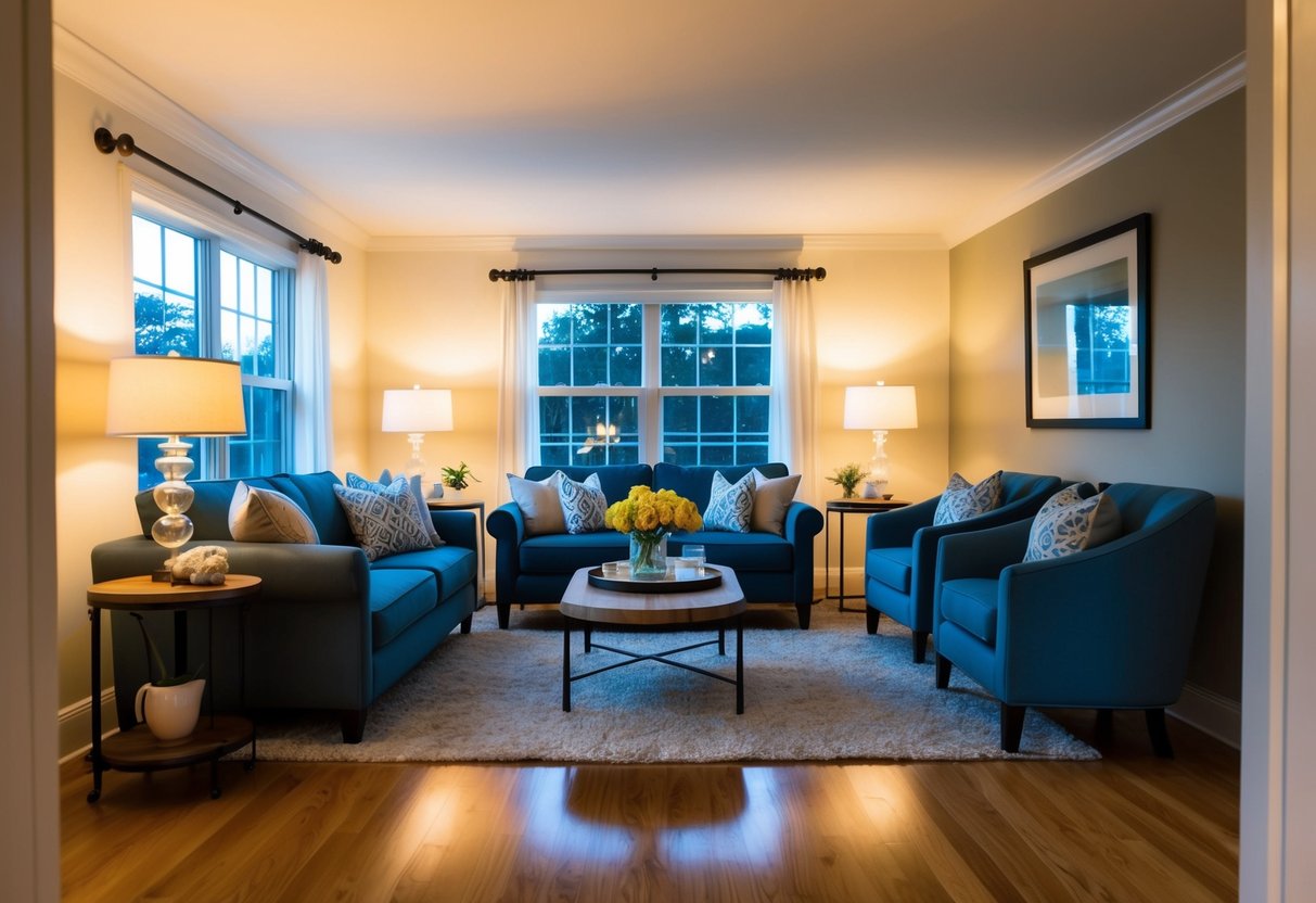 A well-lit room with carefully placed furniture and decor, casting a warm and inviting ambiance