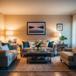 A cozy living room with warm lighting, plush furniture, and personal touches like family photos and fresh flowers