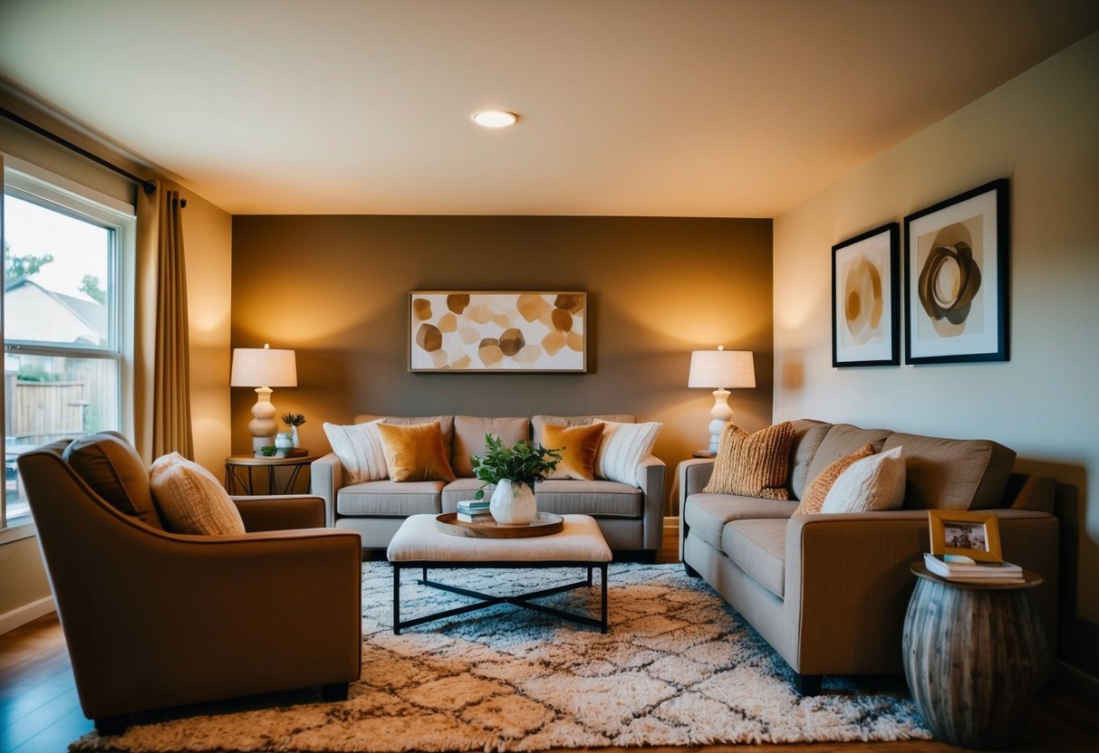 A cozy living room with warm, earthy tones, plush furniture, and soft lighting creates a welcoming atmosphere for new homeowners