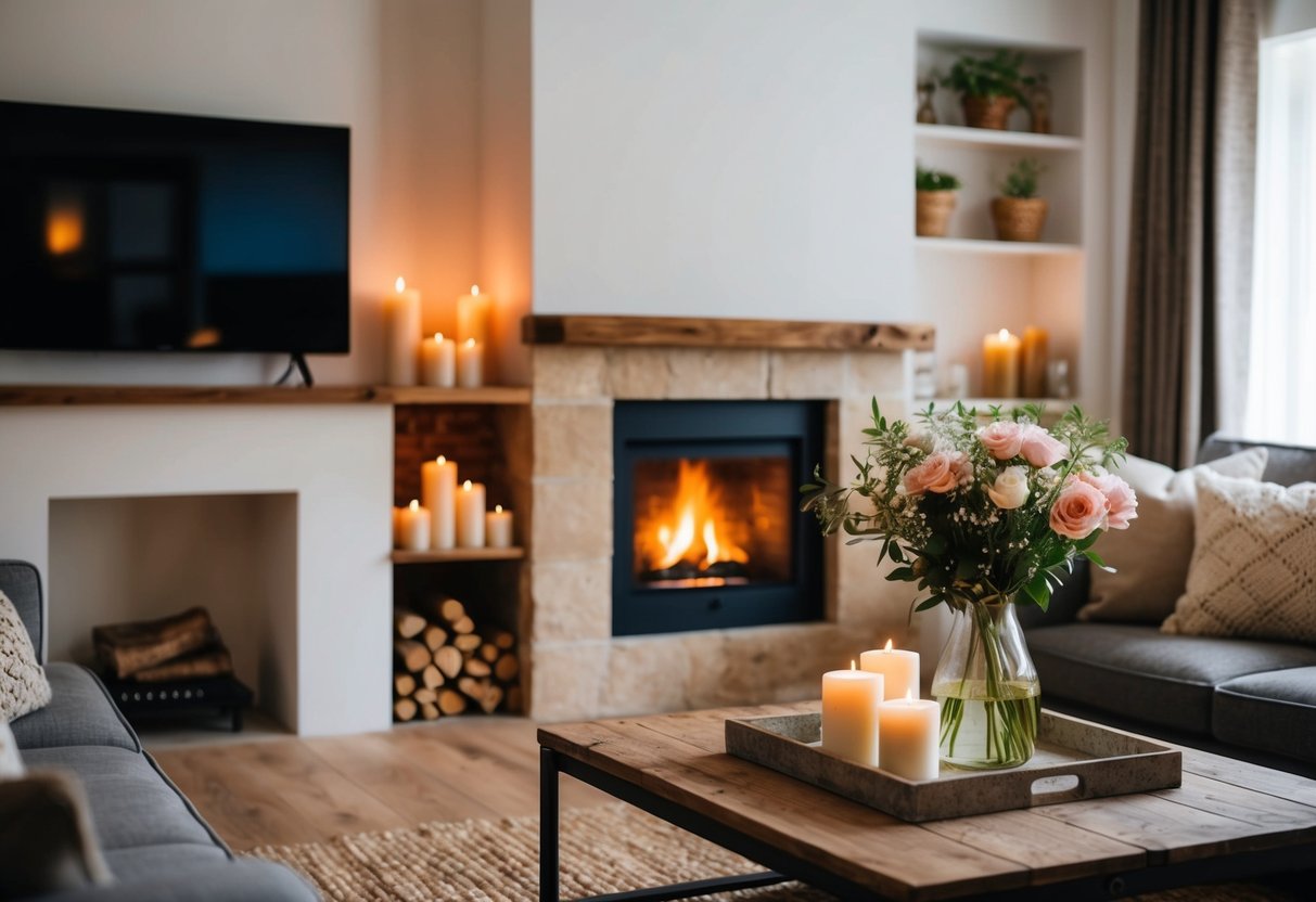 A cozy living room with a crackling fireplace, a shelf of scented candles, and a vase of fresh flowers on a rustic coffee table