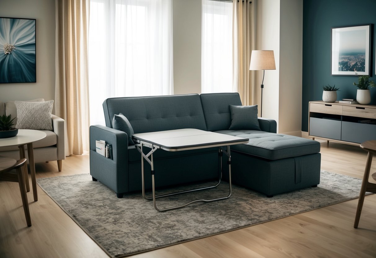 A living room with a convertible sofa bed, foldable tables, and hidden storage, surrounded by versatile furniture for multiple functions