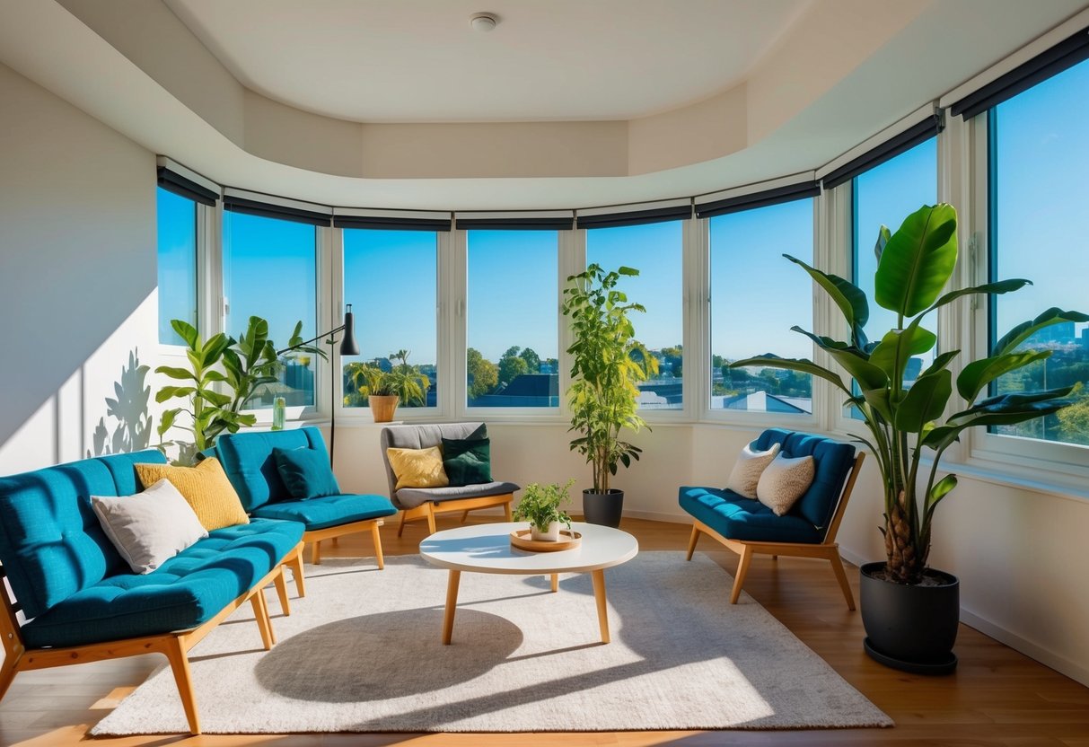 A sunlit room with flexible furniture, plants, and adjustable window coverings for optimizing natural light in a multifunctional space