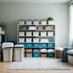 A cluttered room transformed into an organized space with labeled bins, tidy shelves, and neatly folded linens