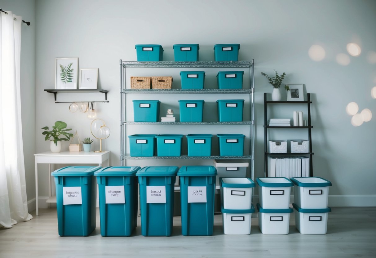 A cluttered room transformed into an organized, minimalist space with labeled bins and neatly arranged shelves