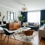 A cluttered room with outdated furniture transformed into modern, elegant pieces through clever DIY techniques and affordable materials