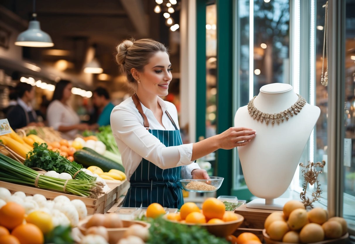 A woman carefully selects high-quality ingredients at a bustling farmer's market, while nearby, she admires a beautifully crafted piece of jewelry in a boutique window