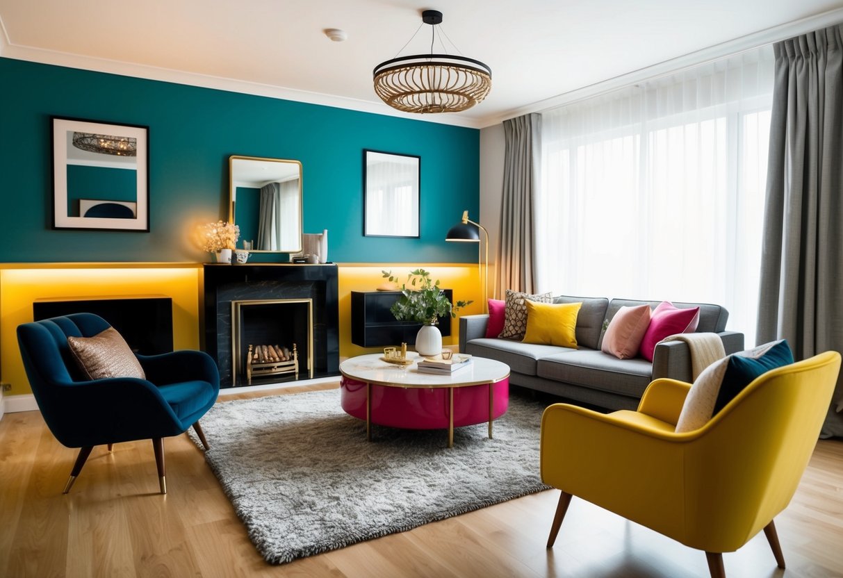A cozy living room with stylish, revamped furniture pieces. Bright colors, sleek lines, and modern accents create a luxurious look on a budget