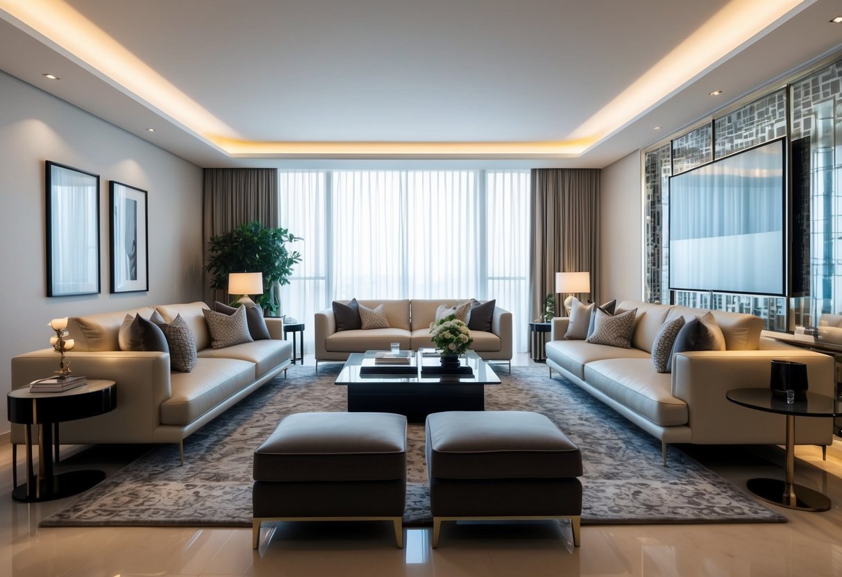 A sleek, modern living room with high-end furniture and decor, accented by tasteful splurges like a luxurious rug and designer lighting