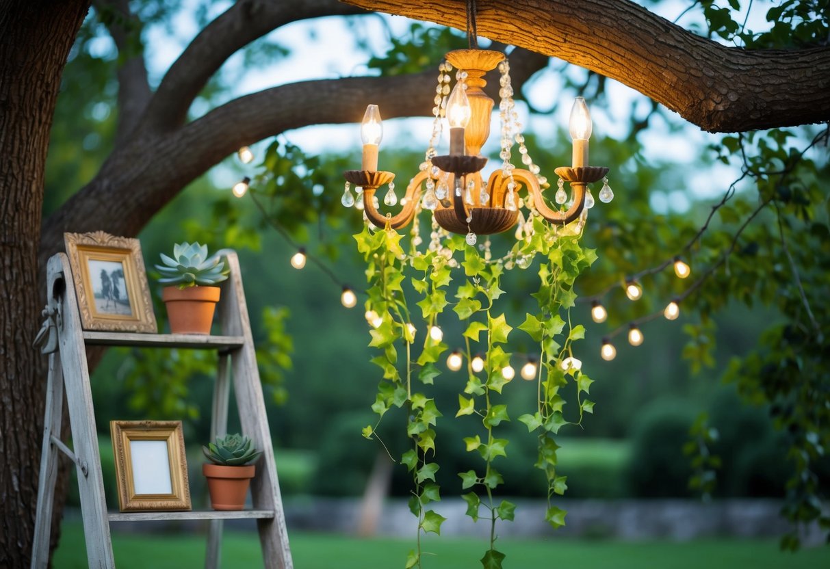 A vintage chandelier hangs from a tree branch, adorned with cascading ivy and twinkling fairy lights. A weathered ladder serves as a display for potted succulents and antique picture frames