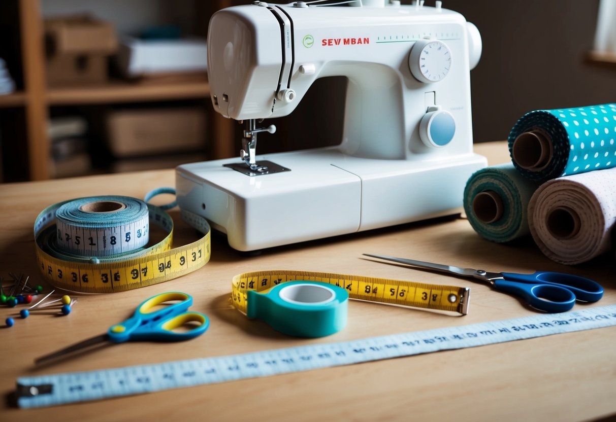 A sewing machine, measuring tape, fabric scissors, pins, and a variety of fabric rolls laid out on a work table