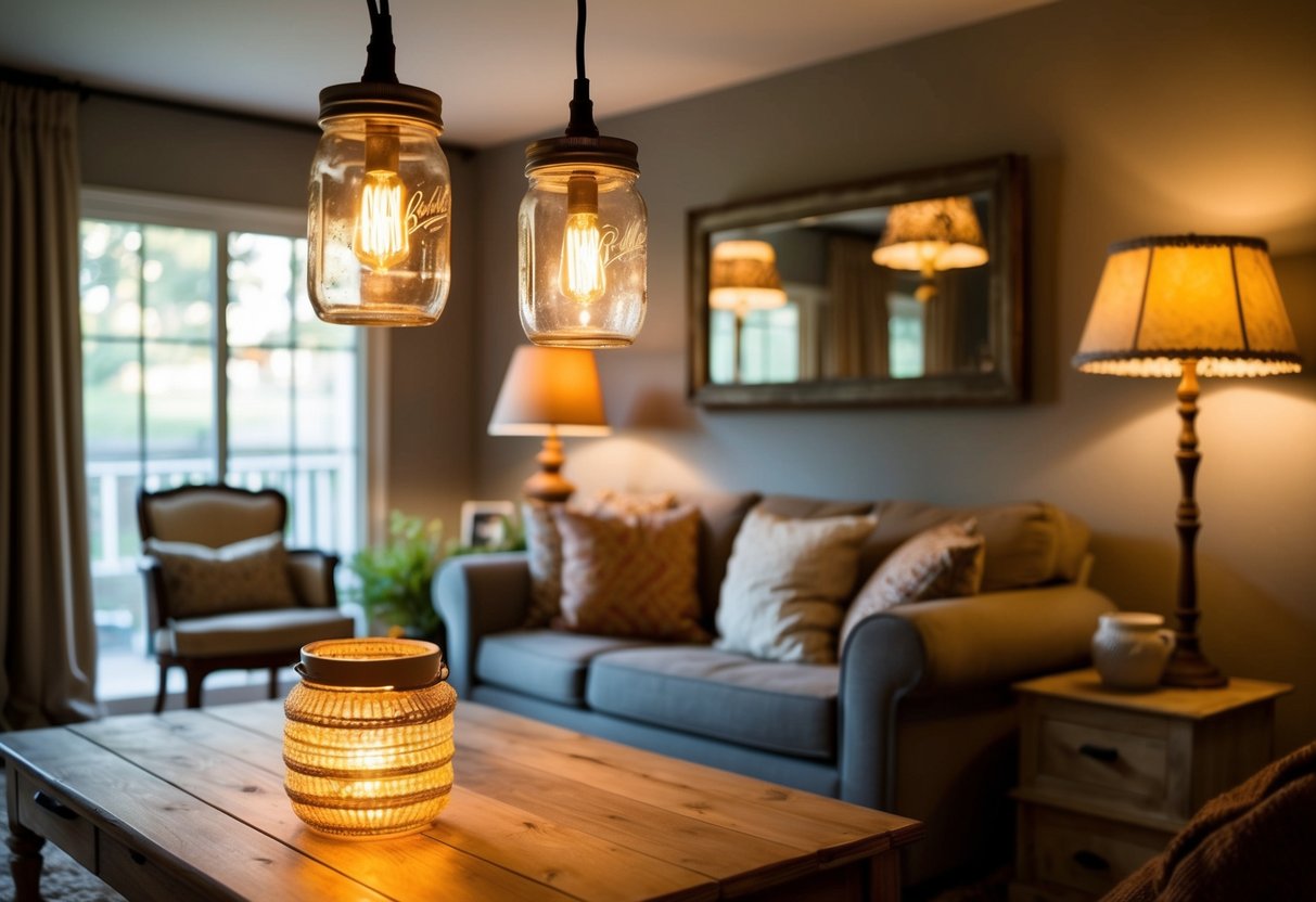 A cozy living room with warm light fixtures made from repurposed items, such as mason jar pendant lights and vintage lampshades