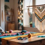 A cozy, sunlit room with a wooden table covered in colorful yarn, beads, and feathers. A macrame wall hanging in progress hangs from a wooden dowel