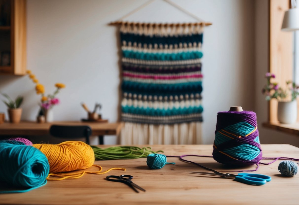 A cozy workspace with a wooden table, colorful yarn, scissors, and a modern boho wall hanging in progress