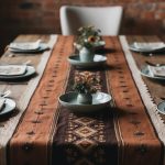 A cozy, rustic dining table set with handmade table runners in earthy tones, adorned with delicate embroidery and intricate patterns
