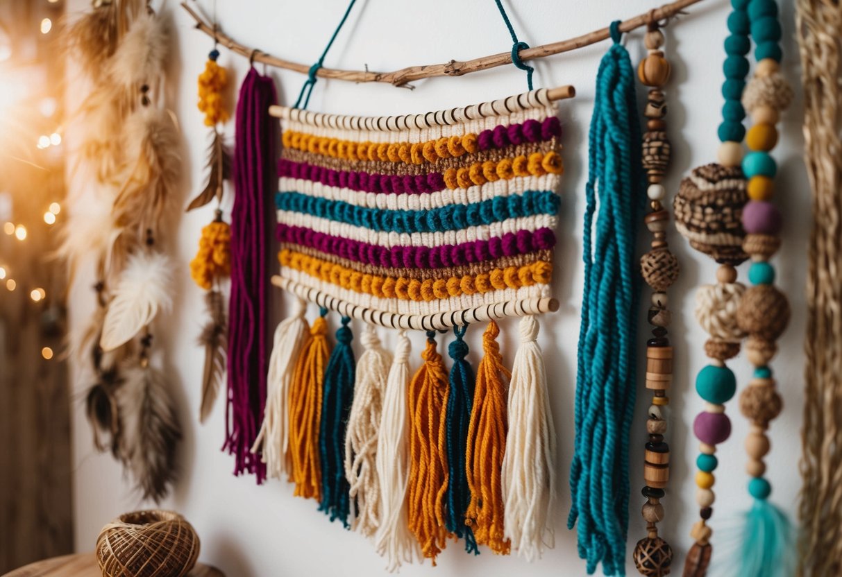 A modern boho wall hanging craft scene with a selection of vibrant and earthy color palettes, various textures, and natural materials like yarn, feathers, and beads