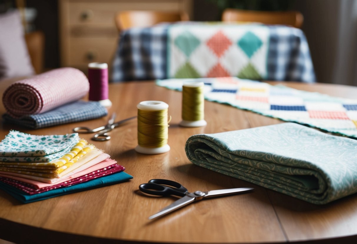 A cozy crafting scene with fabric swatches, scissors, and spools of thread laid out on a wooden table, with a finished table runner displayed in the background