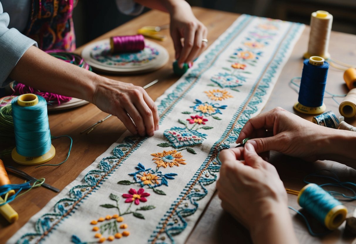 A pair of hands carefully embroidering a table runner with intricate patterns and designs, surrounded by spools of colorful thread and various crafting tools
