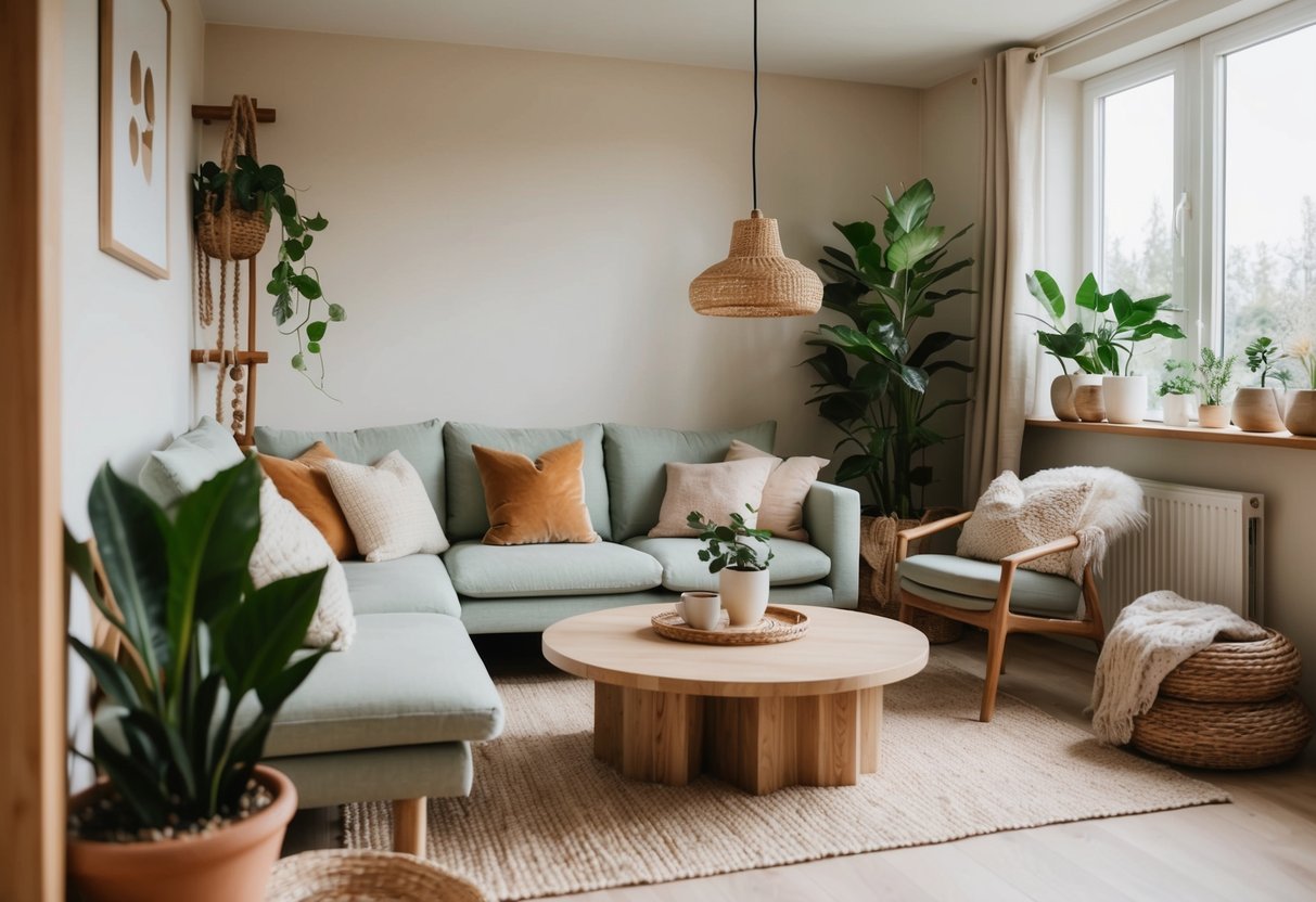 A cozy living room with natural light, indoor plants, and organic materials like wood and stone. A comfortable seating area with soft, earthy tones and soothing decor
