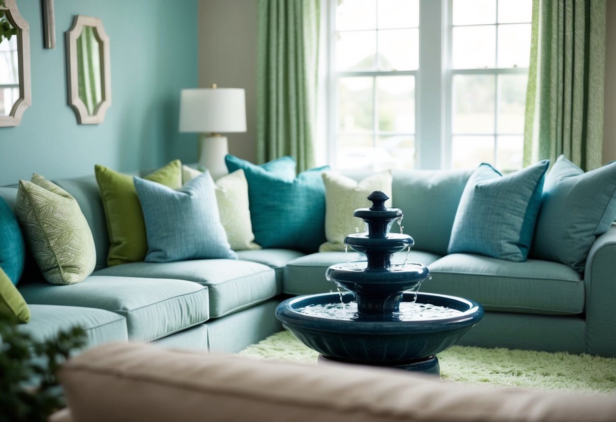 A cozy living room with soft blue and green accents, plush pillows, and gentle lighting. A bubbling fountain adds a soothing touch