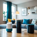 A cozy living room with modern smart home devices, including voice-activated assistants, automated lighting, and temperature control