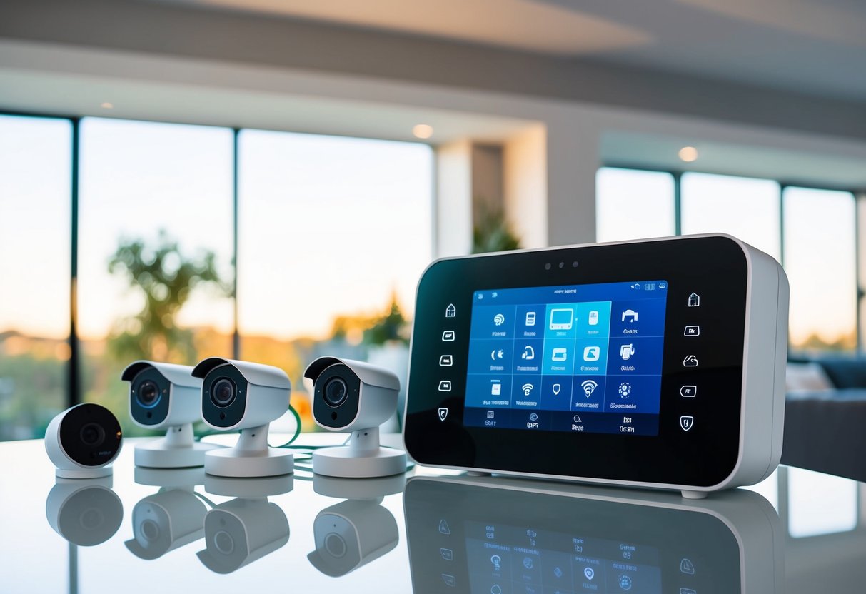 A modern smart home security system with cameras, motion sensors, and a central control panel, all connected and integrated with smart technology