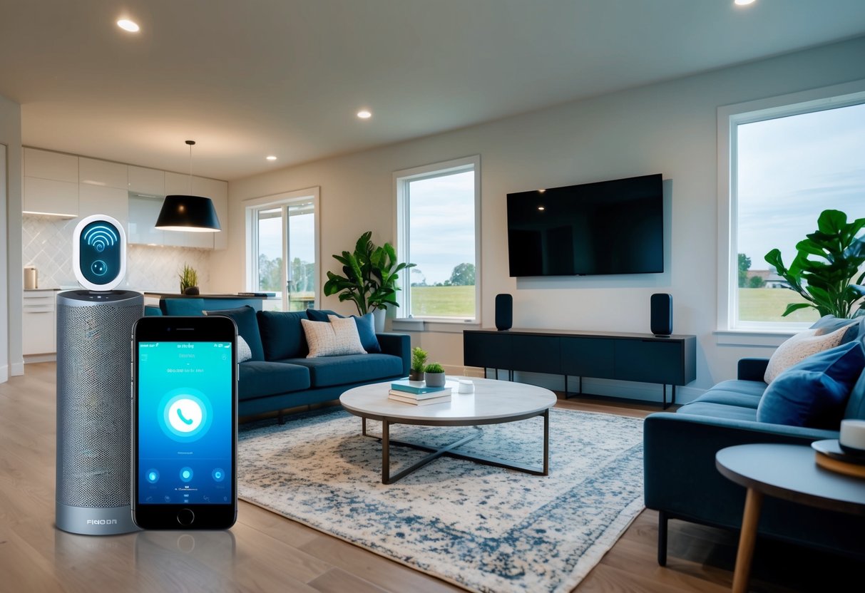 A modern living room with voice-controlled devices, automated lighting, and climate control. Smart home technology seamlessly integrated into the space for a relaxed and convenient lifestyle