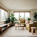 A cozy living room with large windows, potted plants, and sustainable furniture made from natural materials. The space is filled with natural light and features energy-efficient appliances