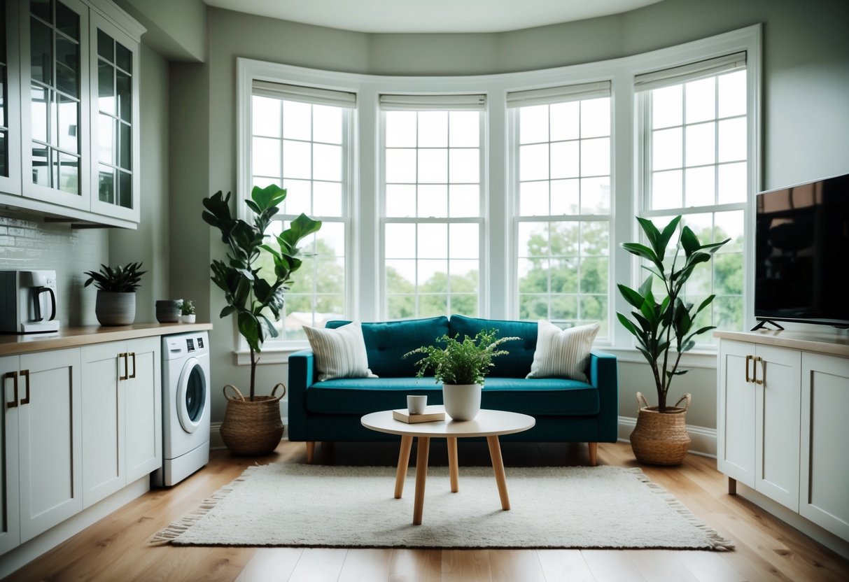 A cozy living room with large windows letting in natural light, potted plants, and energy-efficient appliances