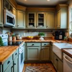A cozy farmhouse kitchen with vintage cabinets, butcher block countertops, and a farmhouse sink. Warm, earthy tones and rustic decor create a welcoming atmosphere