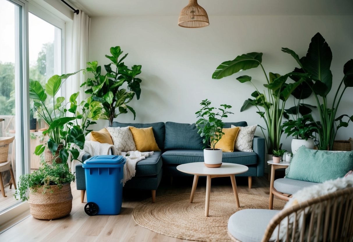 A cozy living room with potted plants, natural light, and eco-friendly furniture. A recycling bin and composting area are visible