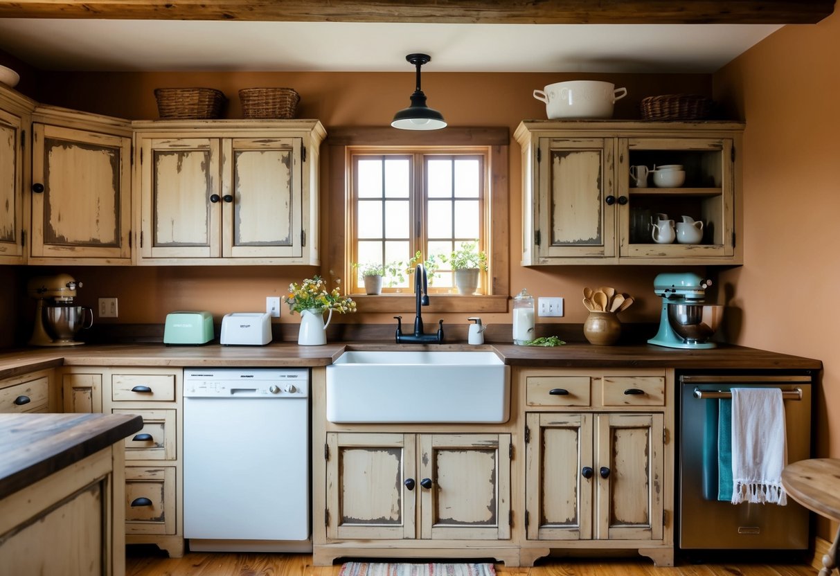 A cozy farmhouse kitchen with distressed wood cabinets, vintage-inspired appliances, and a large farmhouse sink. The warm color palette and rustic decor create a welcoming and charming atmosphere