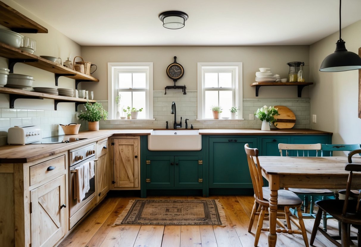 A cozy farmhouse kitchen with distressed wood cabinets, vintage farmhouse sink, open shelving, and a rustic dining table with mismatched chairs