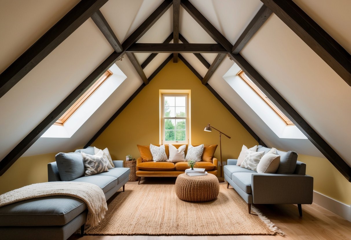 An attic with slanted ceilings, exposed beams, and natural light pouring in through dormer windows. Cozy seating, warm rugs, and soft lighting create a welcoming retreat