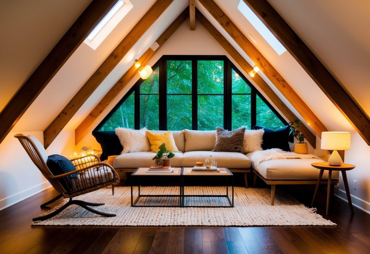 An attic with improved insulation and ventilation, transformed into a cozy retreat with comfortable seating, warm lighting, and decorative touches