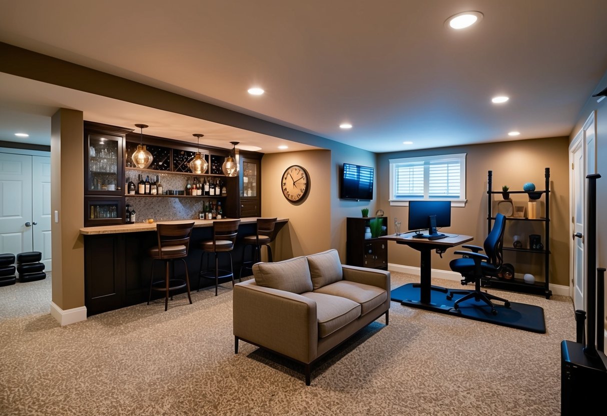 A basement transformed into a cozy living area with a built-in bar, workout space, and home office, featuring warm lighting and modern decor