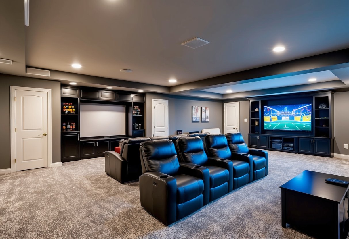 A spacious basement with designated areas for a home theater, game room, and study nook. Built-in storage and versatile furniture maximize the multi-purpose layout
