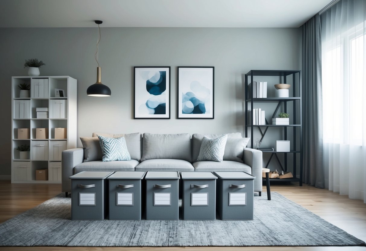 A neatly organized living room with labeled storage bins, a stylish bookshelf, and a sleek shoe rack