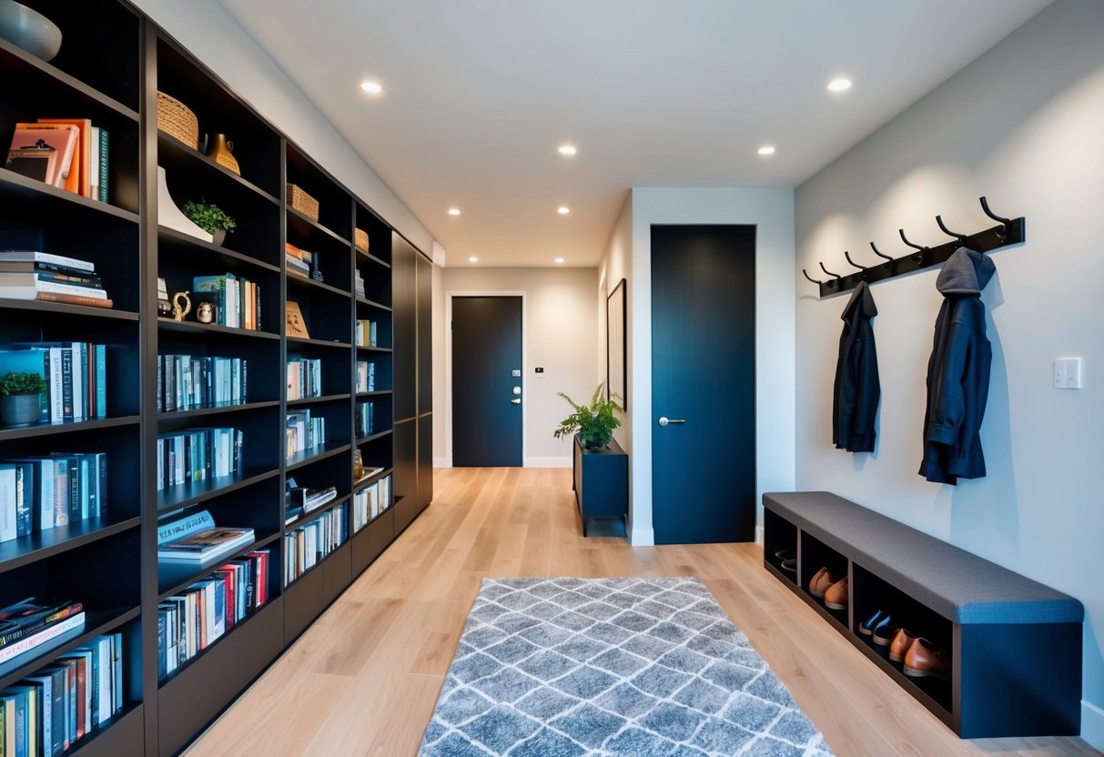 A modern living room with sleek, organized storage solutions for books, decor, and media. A stylish entryway with built-in coat hooks, shoe racks, and a bench for easy organization