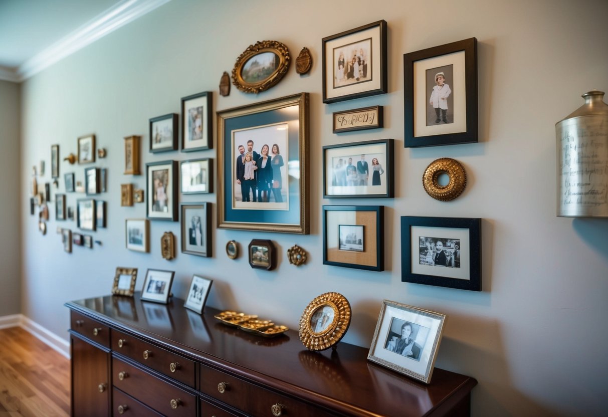A gallery wall featuring vintage family photos, heirloom objects, and personalized artwork