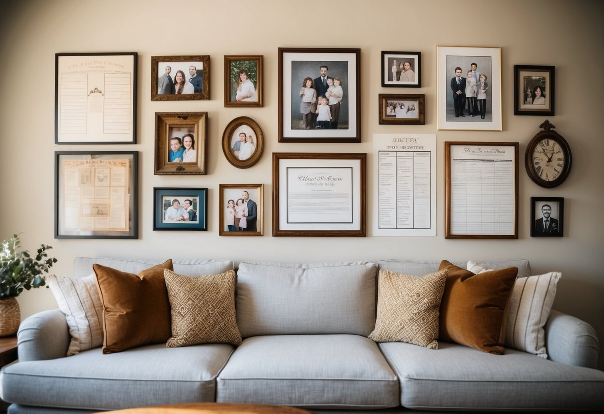 A cozy living room with a gallery wall of vintage family photos, heirloom documents, and personalized genealogy charts